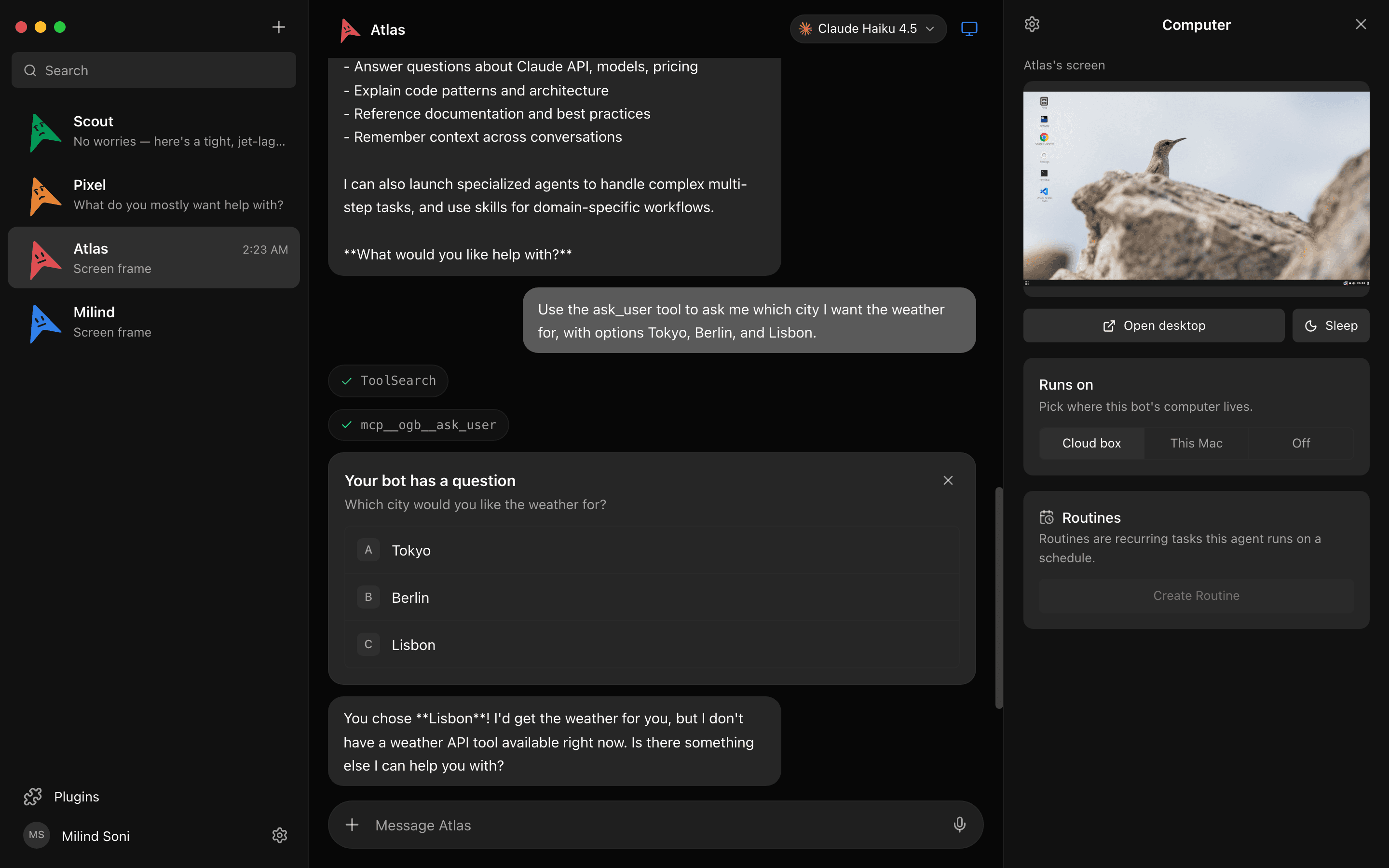 The OpenMausBot computer panel with a live preview of a bot's cloud desktop
