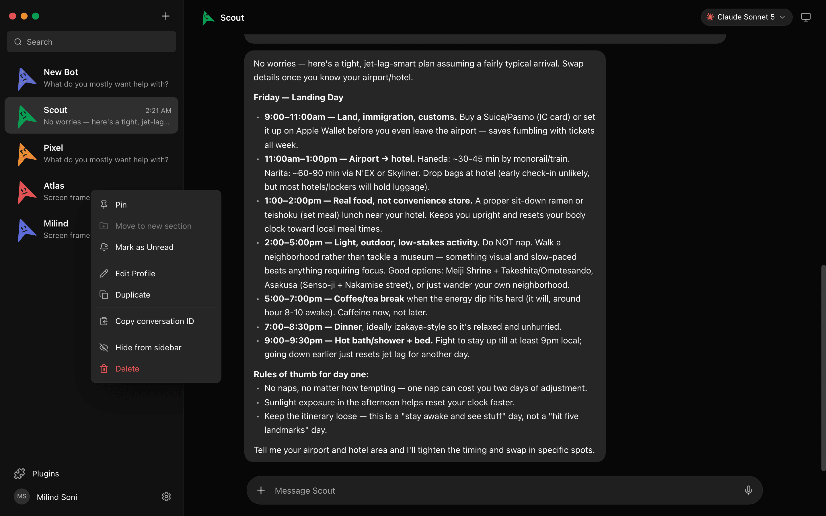 The right-click context menu on a bot in the sidebar