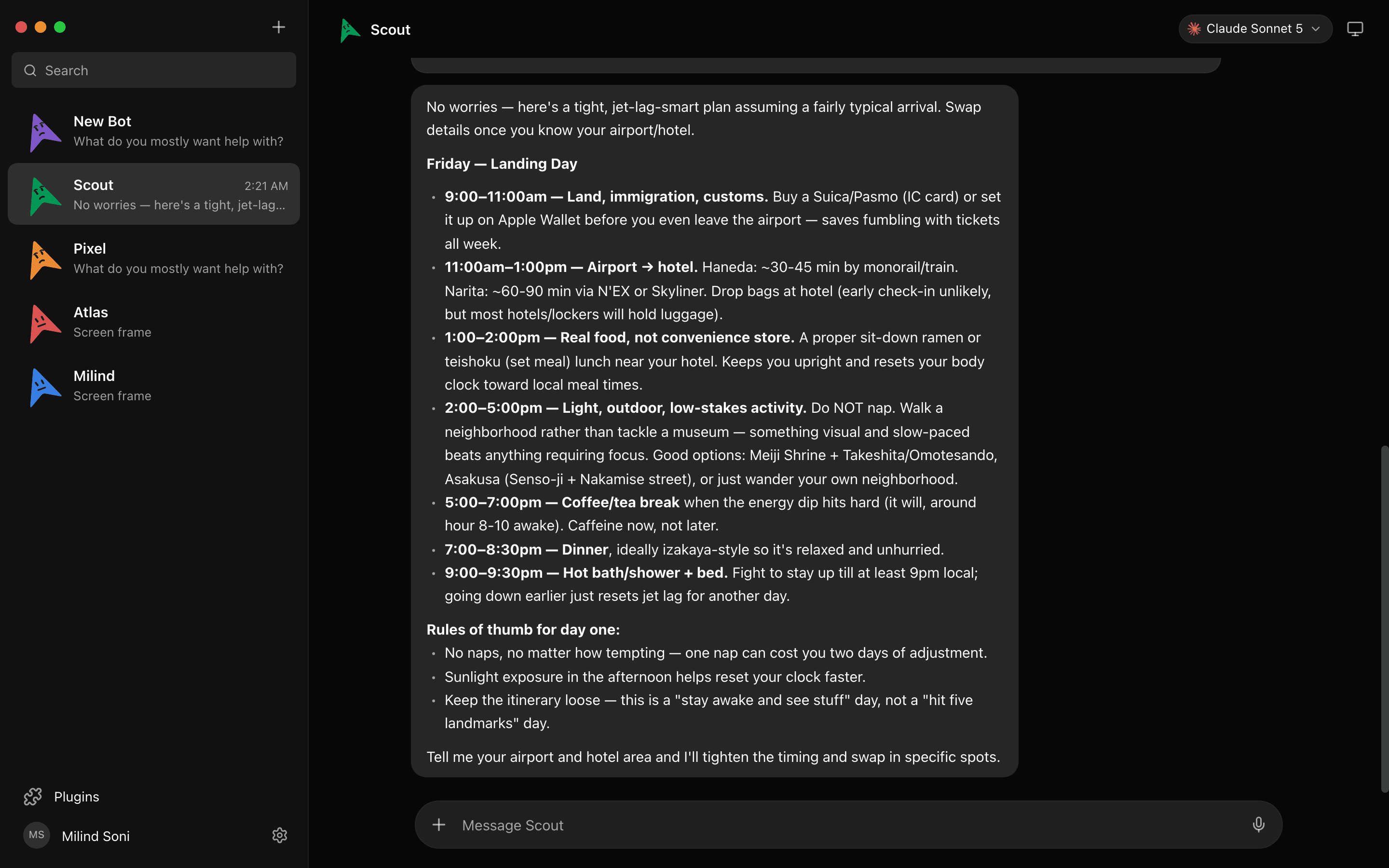 OpenMausBot, a Telegram-style chat app where every chat in the sidebar is a real AI agent